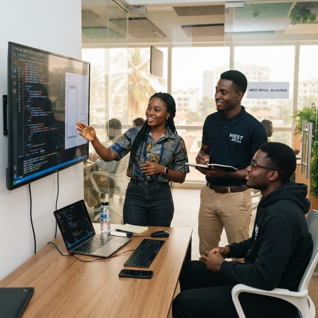 Ghanaian software team collaborating in a modern Accra tech office