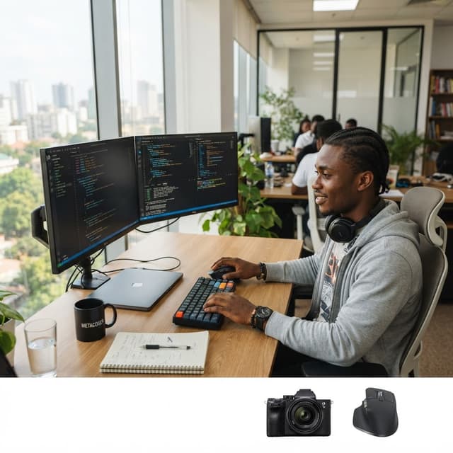 Ghanaian developer at a dual-monitor coding workspace